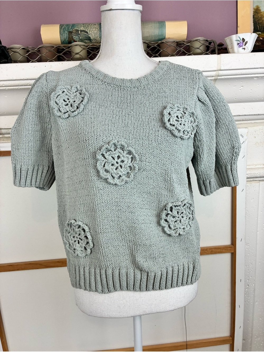 Joie Light Sage Floral crochet Applique Knit Sweater w/puffed sleeves